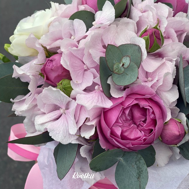 Flowers in box №6 - peony roses, hydrangea, freesia